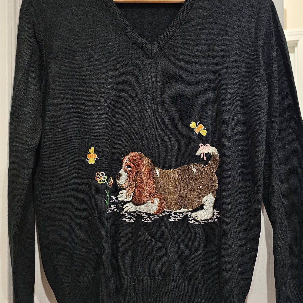 Black V-Neck Sweater with Embroidered Dog Design